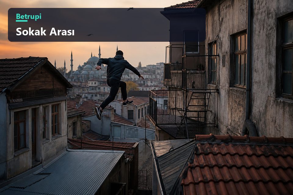 Yangın merdiveniyle tentelerin üstünden geçen bir oyuncunun görüldüğü dar apartman arası